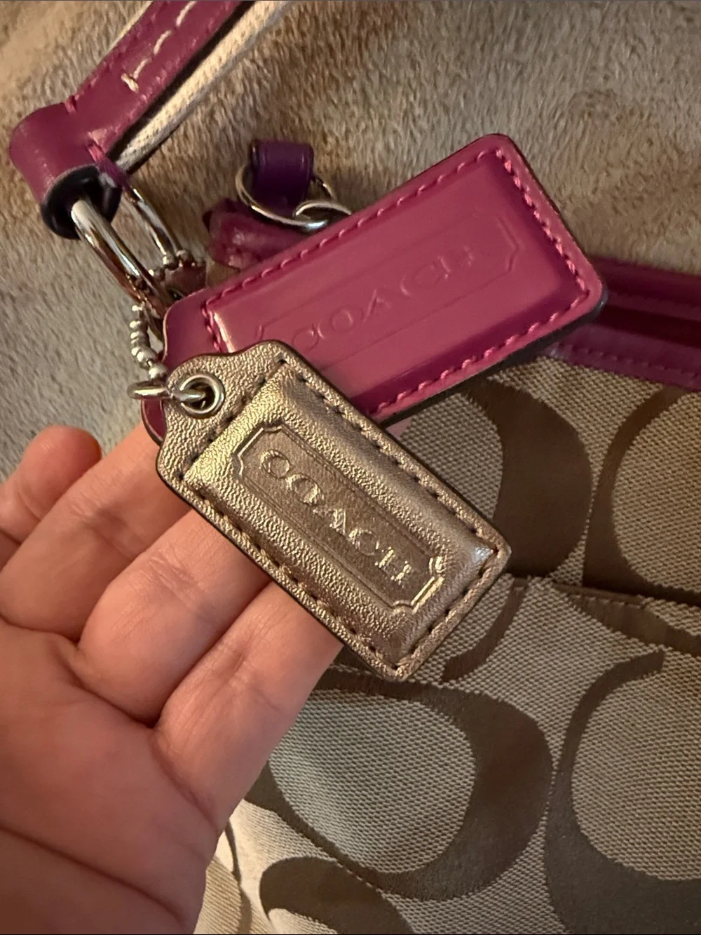 Authentic Coach Khaki/brown/fuchsia crossbody with cram shoulder strap